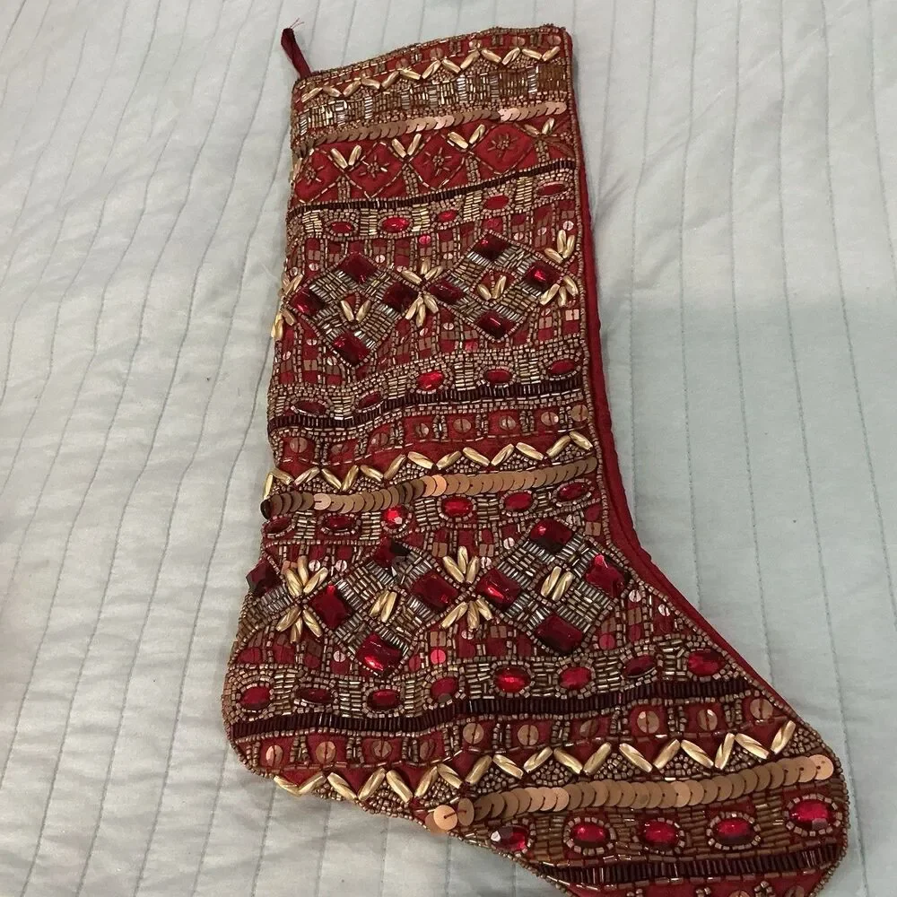 Kim Seybert Beaded Christmas Stocking Red Gold Jeweled Holiday Decor 19”